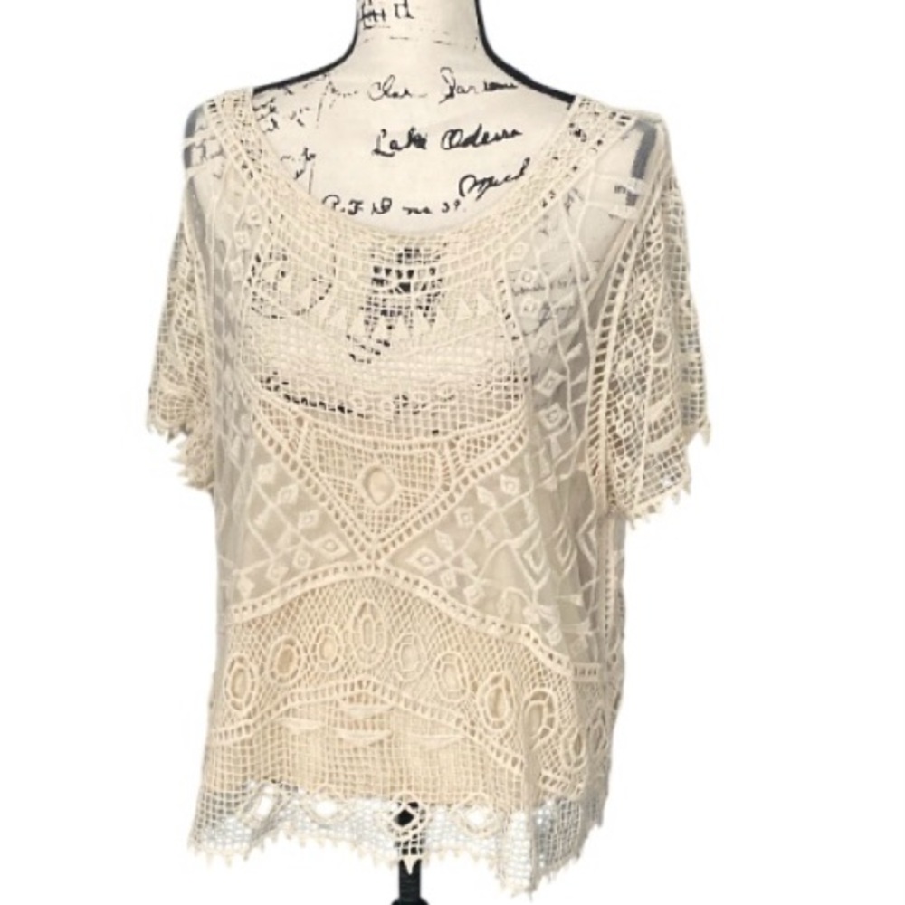 Ivory Crochet Lace Overlay Top + Cami Set Plus Sz 2X Cottage core Boho Festival